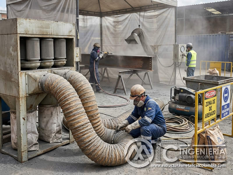 Captación de polvo con extractor industrial en sandblasting en Bogotá, Colombia. Montajes, Ingeniería y Construcción. MIC SAS.