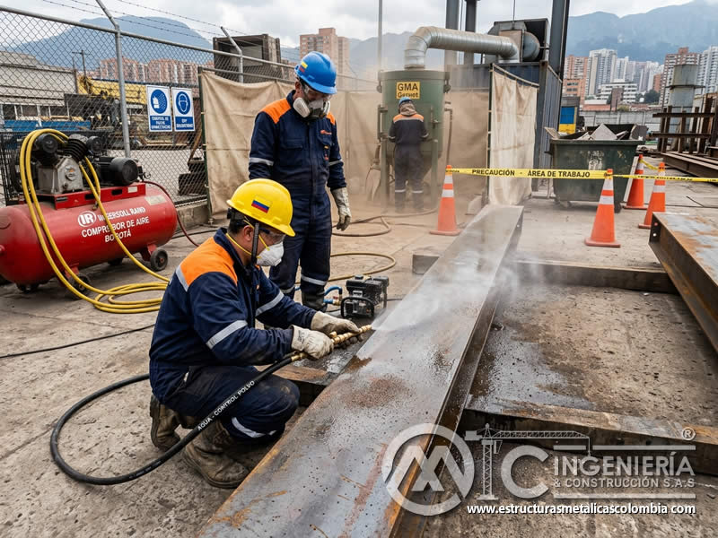 Humectación para control de polvo en chorreado de arena en Bogotá, Colombia. Montajes, Ingeniería y Construcción. MIC SAS.