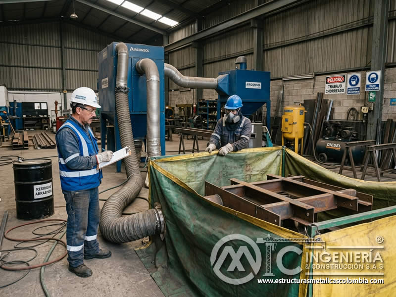 Mitigación de polvo en limpieza abrasiva en zona industrial en Bogotá, Colombia. Montajes, Ingeniería y Construcción. MIC SAS.