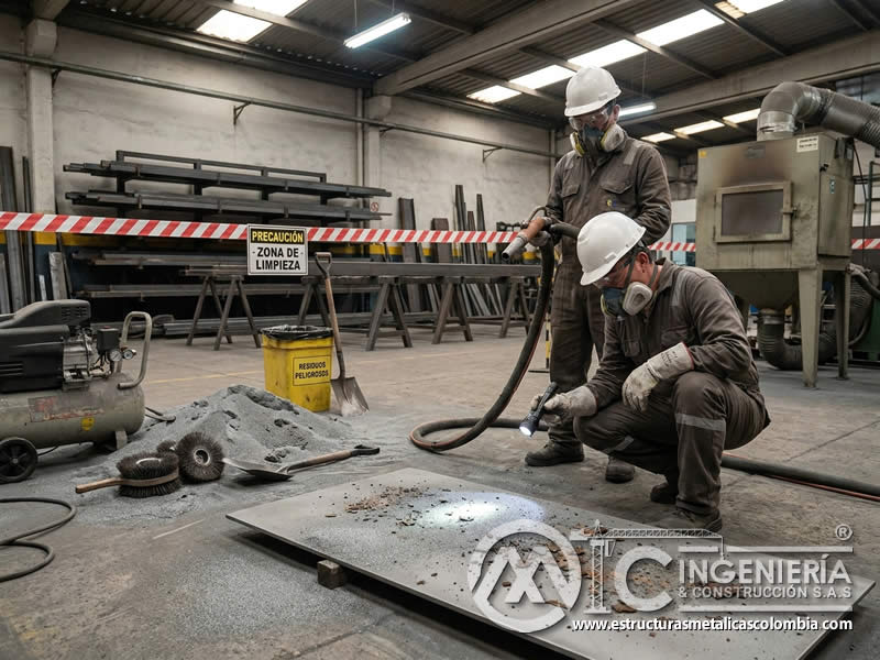 Polvo abrasivo sobre superficie metálica durante sandblasting en Bogotá, Colombia. Montajes, Ingeniería y Construcción. MIC SAS.