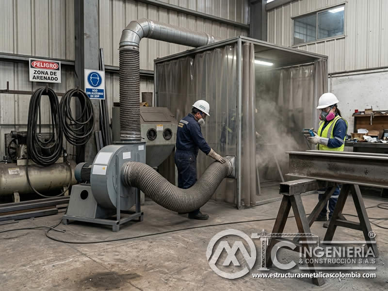 Ventilación de taller para polvo y partículas de sandblasting en Bogotá, Colombia. Montajes, Ingeniería y Construcción. MIC SAS.