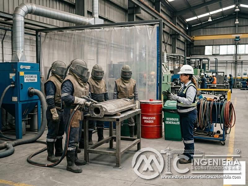 Compromiso ambiental de operarios de chorro abrasivo en Bogotá, Colombia. Montajes, Ingeniería y Construcción. MIC SAS.