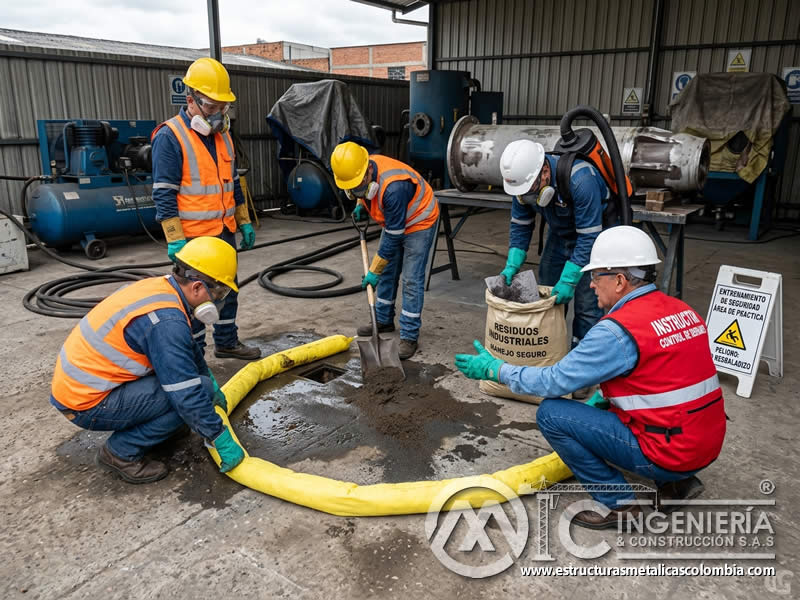 Simulacro de derrame en limpieza abrasiva ambiental en Bogotá, Colombia. Montajes, Ingeniería y Construcción. MIC SAS.