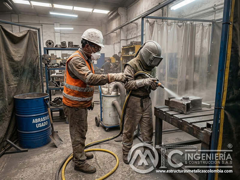 Supervisión práctica de sandblasting sostenible en Bogotá, Colombia. Montajes, Ingeniería y Construcción. MIC SAS.