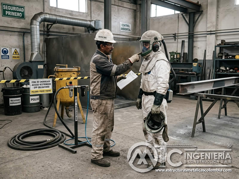 Entrenamiento ambiental y uso de EPP en sandblasting en Bogotá, Colombia. Montajes, Ingeniería y Construcción. MIC SAS.