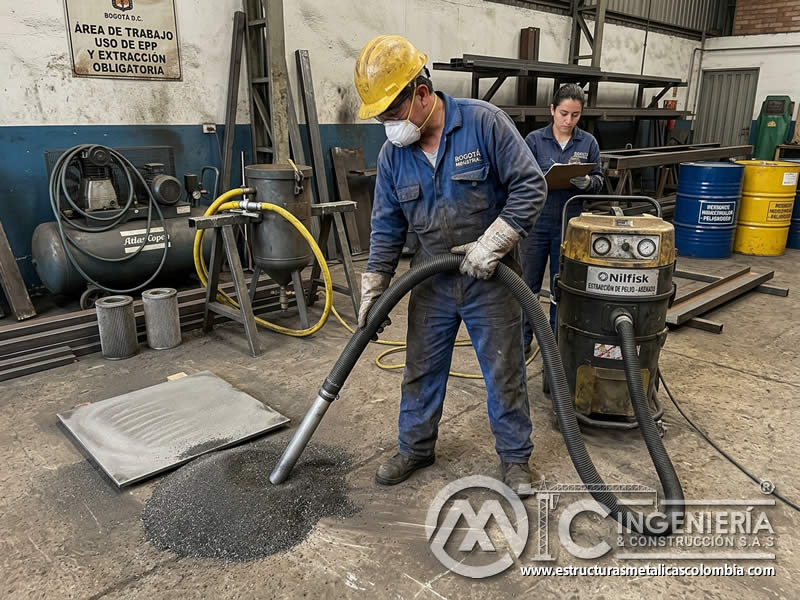Aspiración de polvo y residuos de limpieza abrasiva en Bogotá, Colombia. Montajes, Ingeniería y Construcción. MIC SAS.
