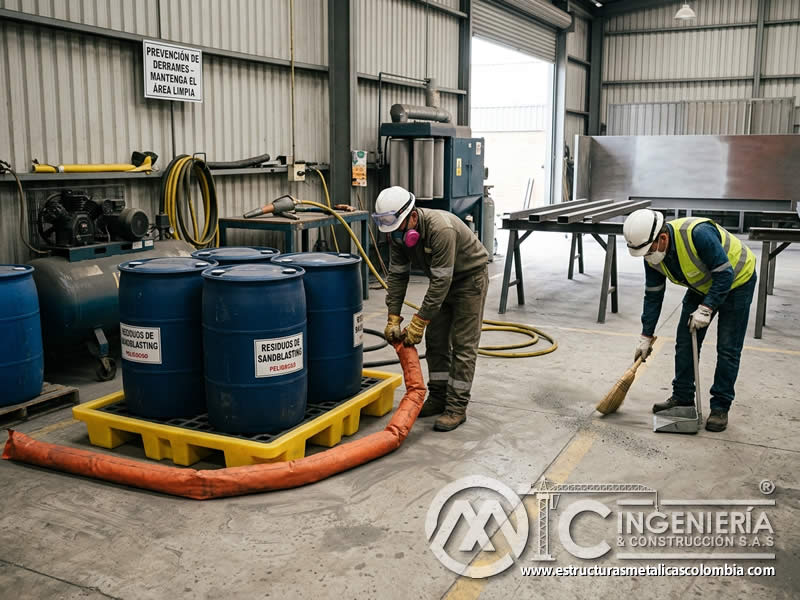 Prevención de derrames de residuos de sandblasting en Bogotá, Colombia. Montajes, Ingeniería y Construcción. MIC SAS.
