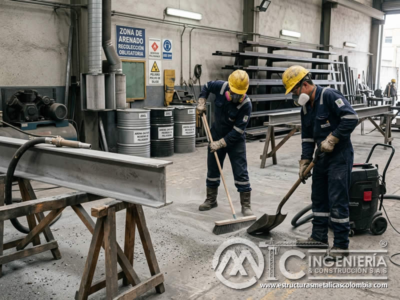 Recolección de residuos de sandblasting en área de trabajo en Bogotá, Colombia. Montajes, Ingeniería y Construcción. MIC SAS.
