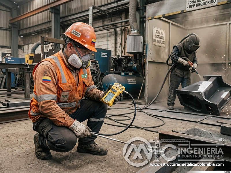 Analizador de gases en limpieza abrasiva industrial en Bogotá, Colombia. Montajes, Ingeniería y Construcción. MIC SAS.
