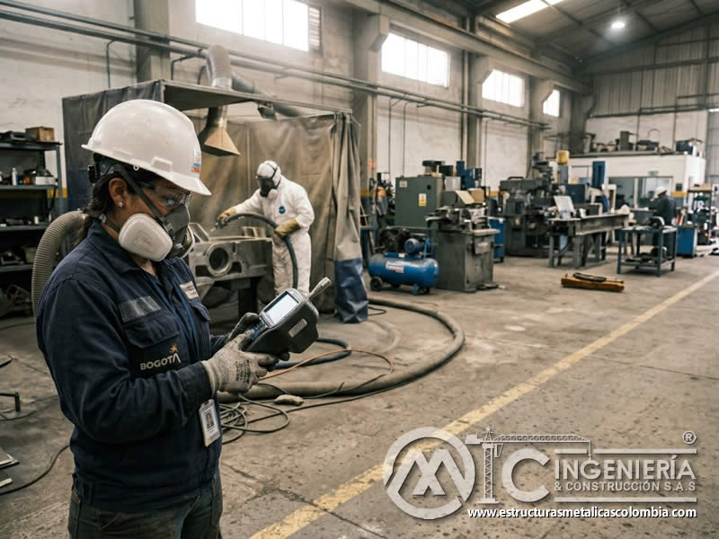 Lectura de partículas en limpieza abrasiva dentro del taller en Bogotá, Colombia. Montajes, Ingeniería y Construcción. MIC SAS.