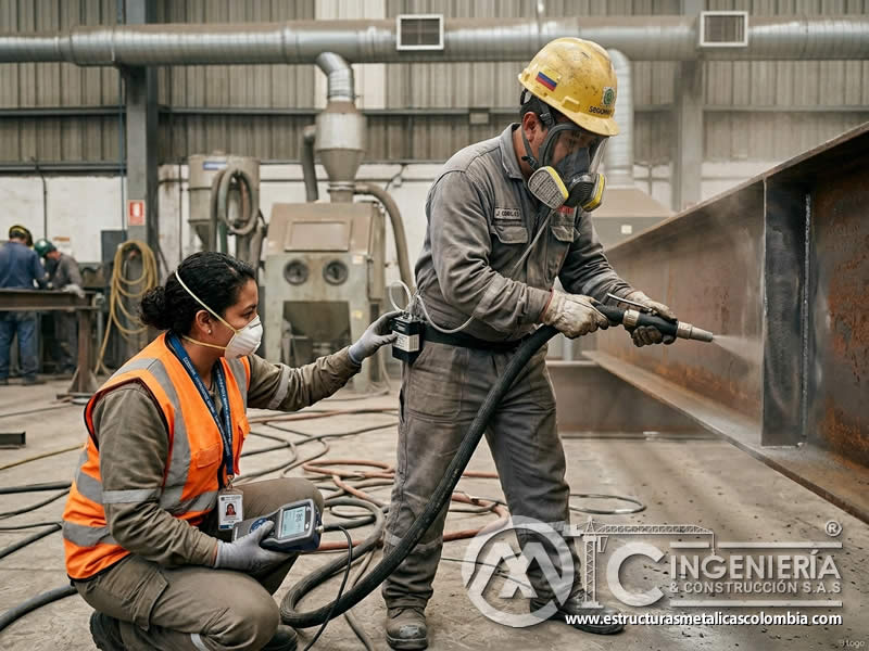 Protección respiratoria en chorro de arena con monitoreo en Bogotá, Colombia. Montajes, Ingeniería y Construcción. MIC SAS.