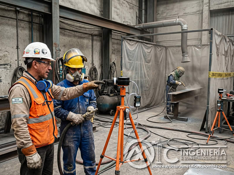 Ubicación de muestreadores en zona de trabajo de arenado en Bogotá, Colombia. Montajes, Ingeniería y Construcción. MIC SAS.