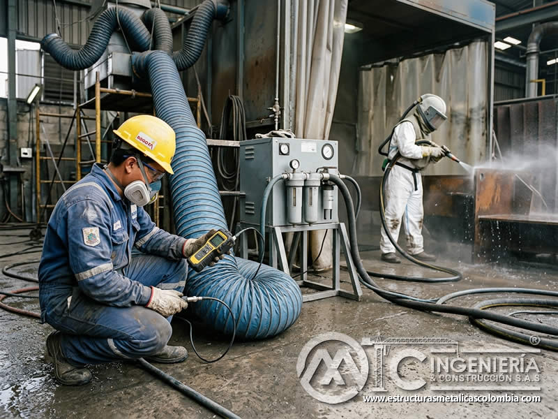 Ventilación y monitoreo en sandblasting húmedo en Bogotá, Colombia. Montajes, Ingeniería y Construcción. MIC SAS.