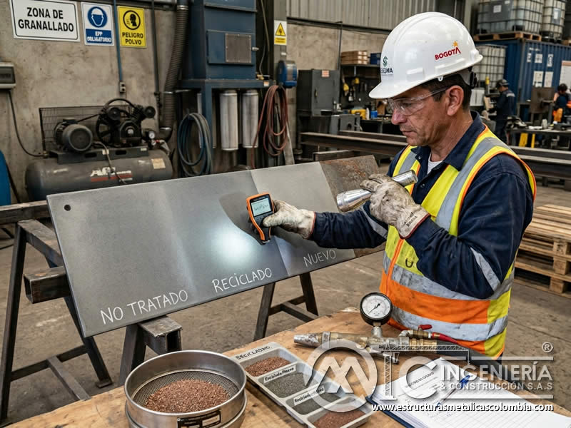 Acabado de sandblasting con abrasivo reciclado sobre superficie en Bogotá, Colombia. Montajes, Ingeniería y Construcción. MIC SAS. Acabado de sandblasting con abrasivo reciclado sobre superficie en Bogotá, Colombia. Montajes, Ingeniería y Construcción. MIC SAS.