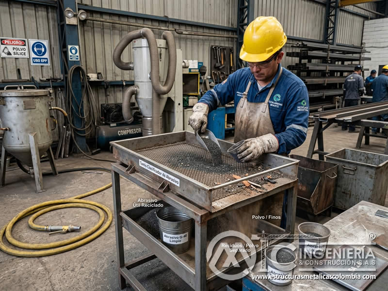 Proceso de reciclaje de abrasivo de sandblasting con tamiz en Bogotá, Colombia. Montajes, Ingeniería y Construcción. MIC SAS. Proceso de reciclaje de abrasivo de sandblasting con tamiz en Bogotá, Colombia. Montajes, Ingeniería y Construcción. MIC SAS.