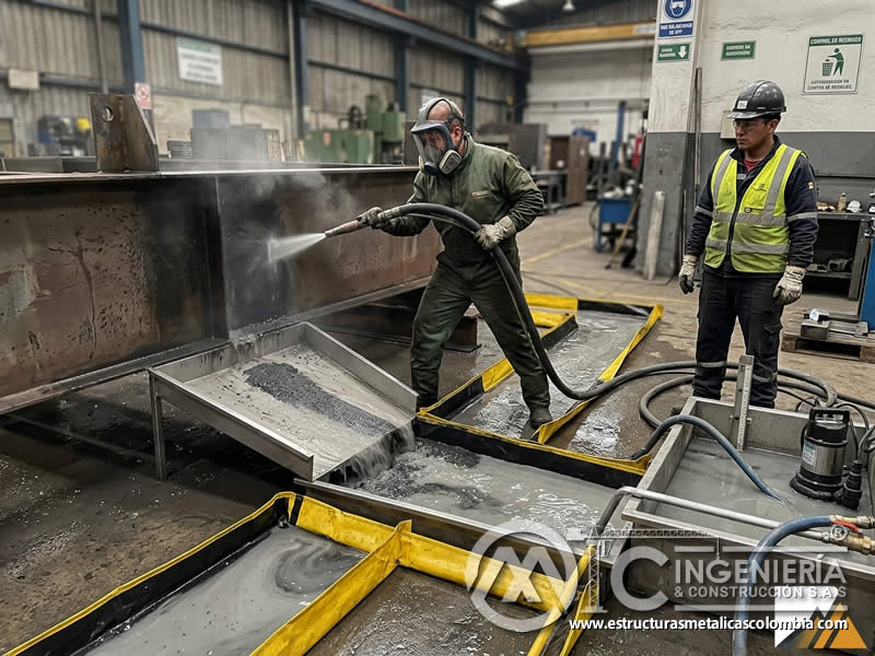 Captura de agua residual en chorro abrasivo húmedo en Bogotá, Colombia. Montajes, Ingeniería y Construcción. MIC SAS.