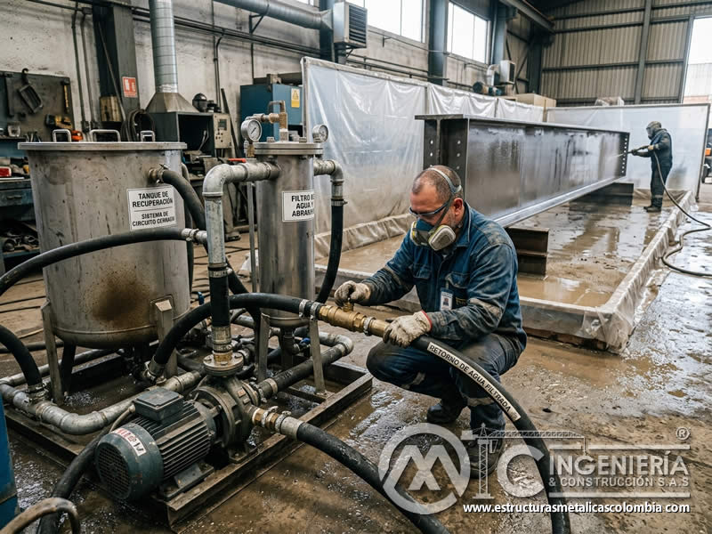 Circuito cerrado de sandblasting húmedo con ahorro en Bogotá, Colombia. Montajes, Ingeniería y Construcción. MIC SAS.