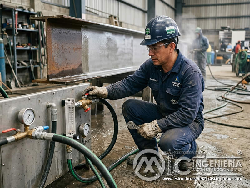 Control de caudal en sandblasting húmedo para ahorro de agua en Bogotá, Colombia. Montajes, Ingeniería y Construcción. MIC SAS.