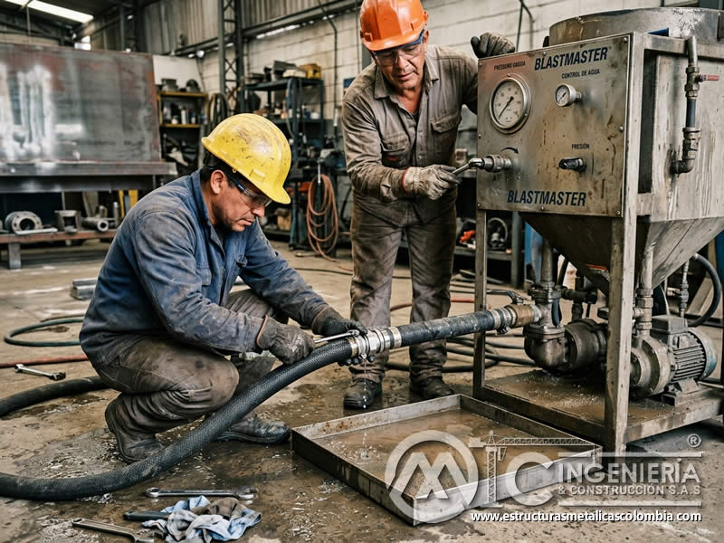 Control de fugas de agua en limpieza abrasiva húmeda en Bogotá, Colombia. Montajes, Ingeniería y Construcción. MIC SAS.