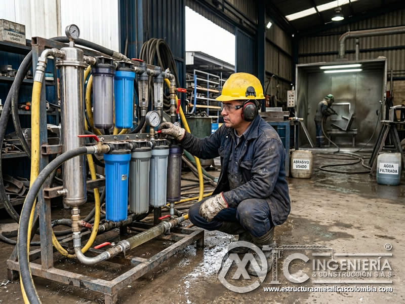 Filtración de agua en limpieza abrasiva húmeda en Bogotá, Colombia. Montajes, Ingeniería y Construcción. MIC SAS.