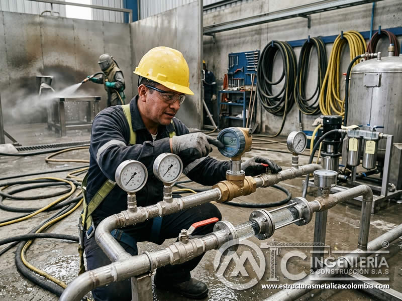 Medidores de caudal en limpieza abrasiva húmeda en Bogotá, Colombia. Montajes, Ingeniería y Construcción. MIC SAS.