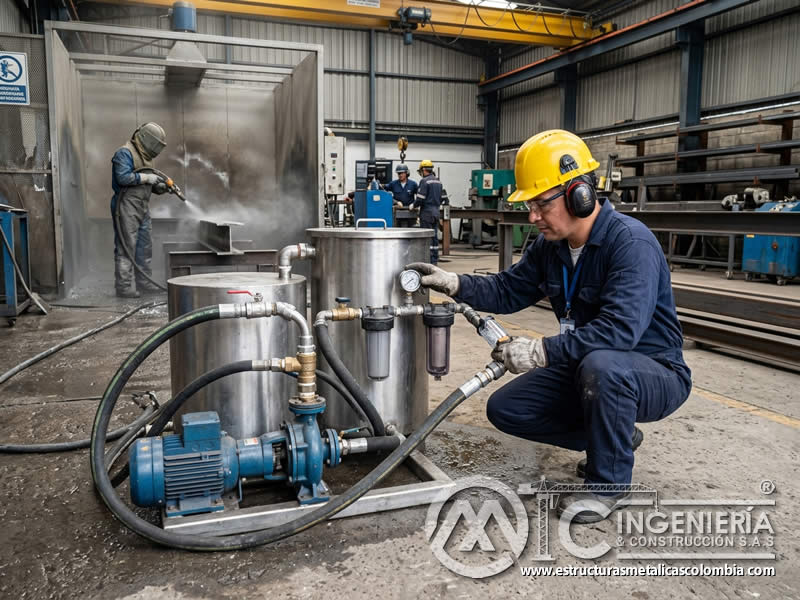 Recirculación de agua en sandblasting húmedo eficiente en Bogotá, Colombia. Montajes, Ingeniería y Construcción. MIC SAS.