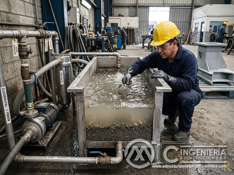 Separación de sólidos del agua de sandblasting húmedo en Bogotá, Colombia. Montajes, Ingeniería y Construcción. MIC SAS.