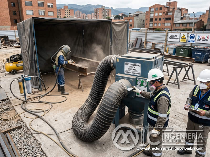 Reducción de emisiones con colector industrial en sandblasting en Bogotá, Colombia. Montajes, Ingeniería y Construcción. MIC SAS.