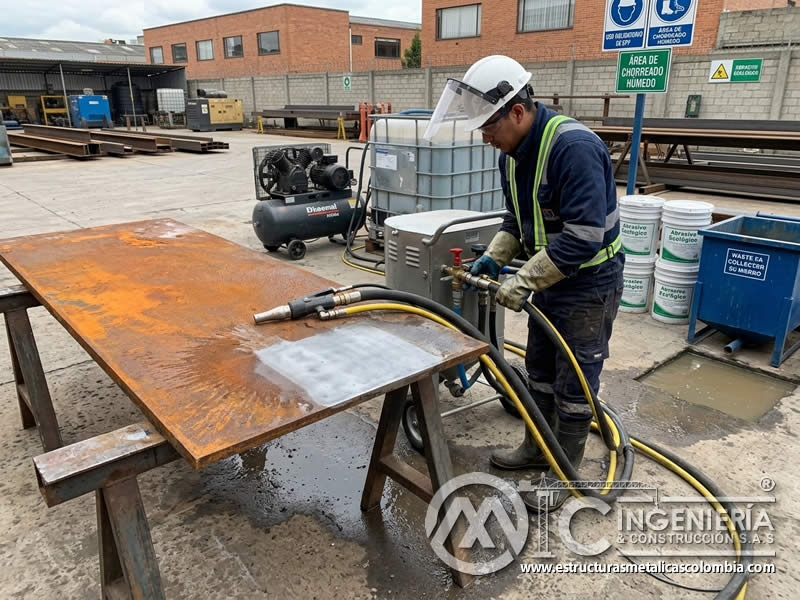 Abrasivo a base de agua para chorreado de arena sostenible en Bogotá, Colombia. Montajes, Ingeniería y Construcción. MIC SAS.