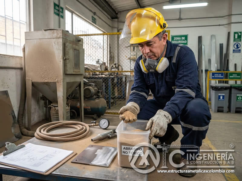 Salud del operario con abrasivo no tóxico en sandblasting en Bogotá, Colombia. Montajes, Ingeniería y Construcción. MIC SAS.