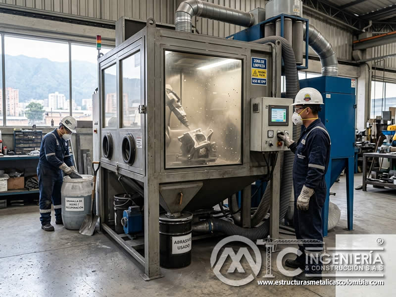 Cabina inteligente de limpieza abrasiva ambiental en Bogotá, Colombia. Montajes, Ingeniería y Construcción. MIC SAS.