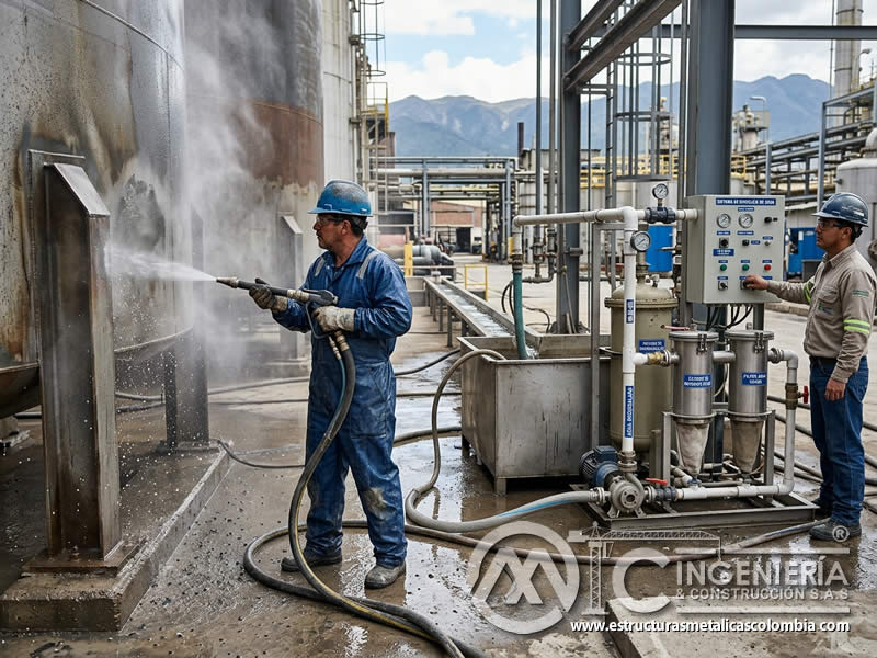 Hidrosandblasting con recirculación de agua tecnológica en Bogotá, Colombia. Montajes, Ingeniería y Construcción. MIC SAS.