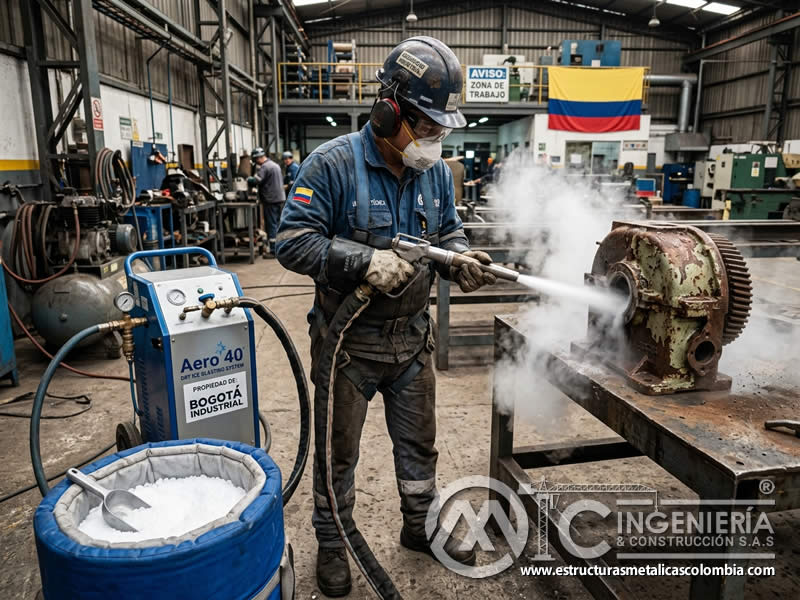 Proyección de hielo seco en chorro abrasivo limpio en Bogotá, Colombia. Montajes, Ingeniería y Construcción. MIC SAS.