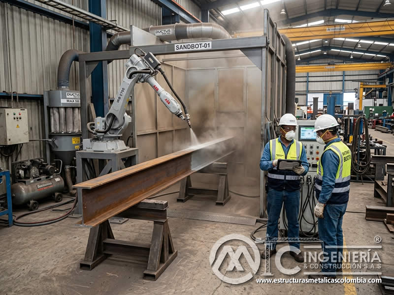 Robot de sandblasting sobre superficies metálicas en Bogotá, Colombia. Montajes, Ingeniería y Construcción. MIC SAS.