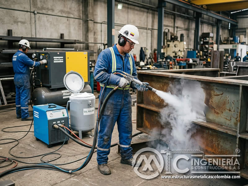 Sandblasting con hielo seco para limpieza ambiental en Bogotá, Colombia. Montajes, Ingeniería y Construcción. MIC SAS.