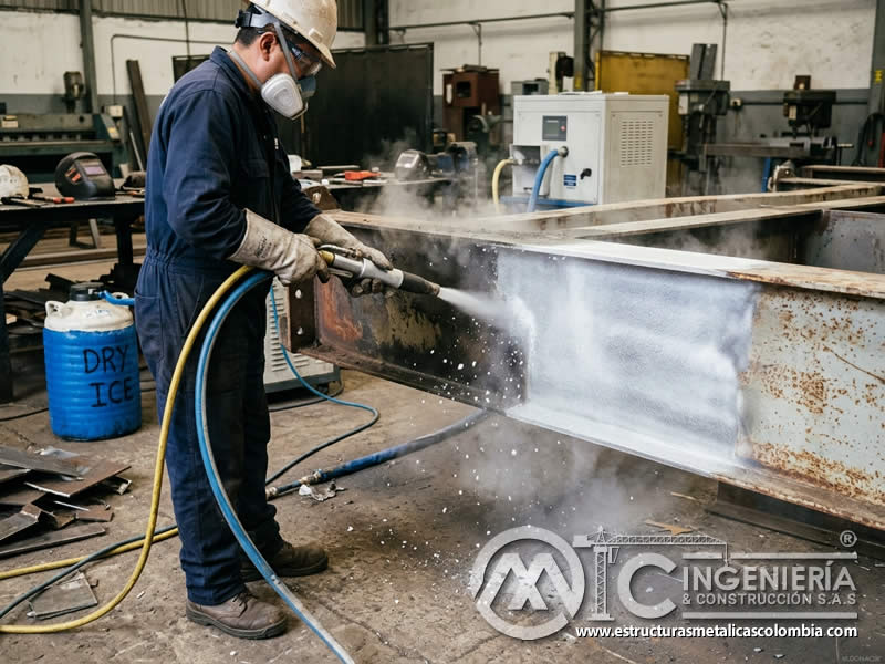 Sublimación de hielo seco en sandblasting sobre metal en Bogotá, Colombia. Montajes, Ingeniería y Construcción. MIC SAS.