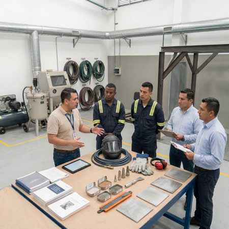 Material técnico de chorro abrasivo para entrenar operarios en equipos, seguridad y preparación de superficies en Bogotá, Colombia. Montajes, Ingeniería y Construcción. MIC SAS.