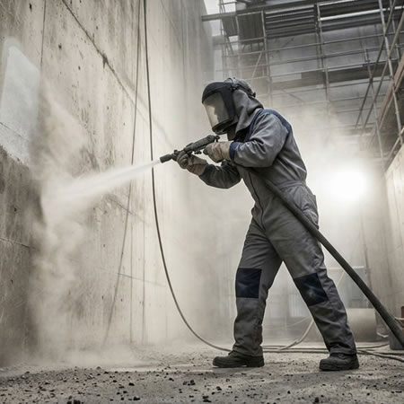 Limpieza profunda de concreto con sandblasting para remover suciedad, pintura vieja y contaminantes en Bogotá, Colombia. Montajes, Ingeniería y Construcción. MIC SAS.