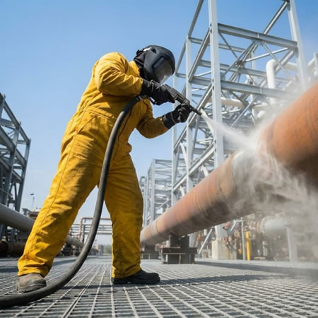 Chorro abrasivo para remover óxido, pintura vieja, incrustaciones y contaminantes en activos petroleros en Bogotá, Colombia. Montajes, Ingeniería y Construcción. MIC SAS.