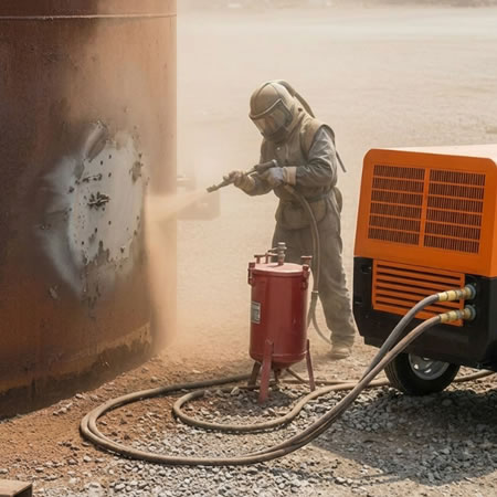 Sandblasting con compresor industrial para preparar tanques metálicos antes de recubrimientos protectores en Bogotá, Colombia. Montajes, Ingeniería y Construcción. MIC SAS.