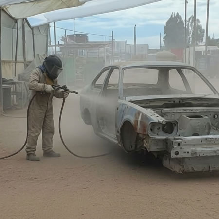 Chorro de arena y arenado abrasivo para renovar piezas metálicas de carros con acabado profesional en Bogotá, Colombia. Montajes, Ingeniería y Construcción. MIC SAS.
