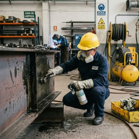 Limpieza previa de grasa y aceite antes del sandblasting para mejorar calidad superficial en Bogotá, Colombia. Montajes, Ingeniería y Construcción. MIC SAS.