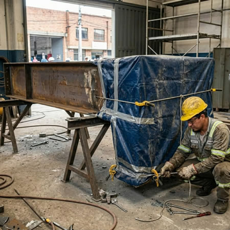 Delimitación segura para chorreado de arena que protege componentes, acabados y superficies sensibles en Bogotá, Colombia. Montajes, Ingeniería y Construcción. MIC SAS.