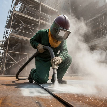 Chorro de arena para remover óxido, pintura vieja, calamina y contaminantes en obra en Bogotá, Colombia. Montajes, Ingeniería y Construcción. MIC SAS.