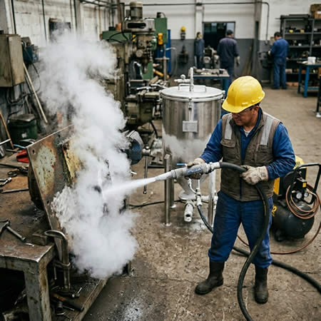 Limpieza criogénica con hielo seco para proteger equipos, reducir tiempos de parada y mejorar mantenimiento industrial en Bogotá, Colombia. Montajes, Ingeniería y Construcción. MIC SAS.