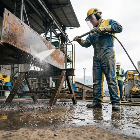 Limpieza con agua a presión para remover recubrimientos, sedimentos y contaminantes sin dispersar polvo abrasivo en Bogotá, Colombia. Montajes, Ingeniería y Construcción. MIC SAS.