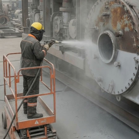 Chorro abrasivo para limpiar componentes, carcasas, chasis y piezas mecanizadas antes de recubrir en Bogotá, Colombia. Montajes, Ingeniería y Construcción. MIC SAS.