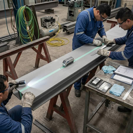 Control de rugosidad con rugosímetro para preparar metales antes de recubrimientos protectores en Bogotá, Colombia. Montajes, Ingeniería y Construcción. MIC SAS.