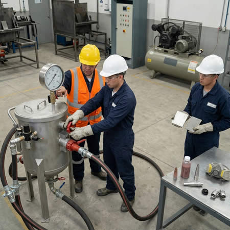Entrenamiento de operarios en compresores, tanques y boquillas de chorro abrasivo para mejores resultados en Bogotá, Colombia. Montajes, Ingeniería y Construcción. MIC SAS.