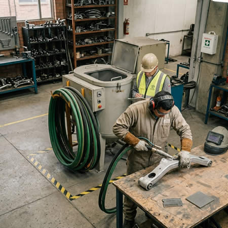Pruebas de habilidad en chorro abrasivo para certificar manejo de equipos, calidad y prevención de riesgos en Bogotá, Colombia. Montajes, Ingeniería y Construcción. MIC SAS.